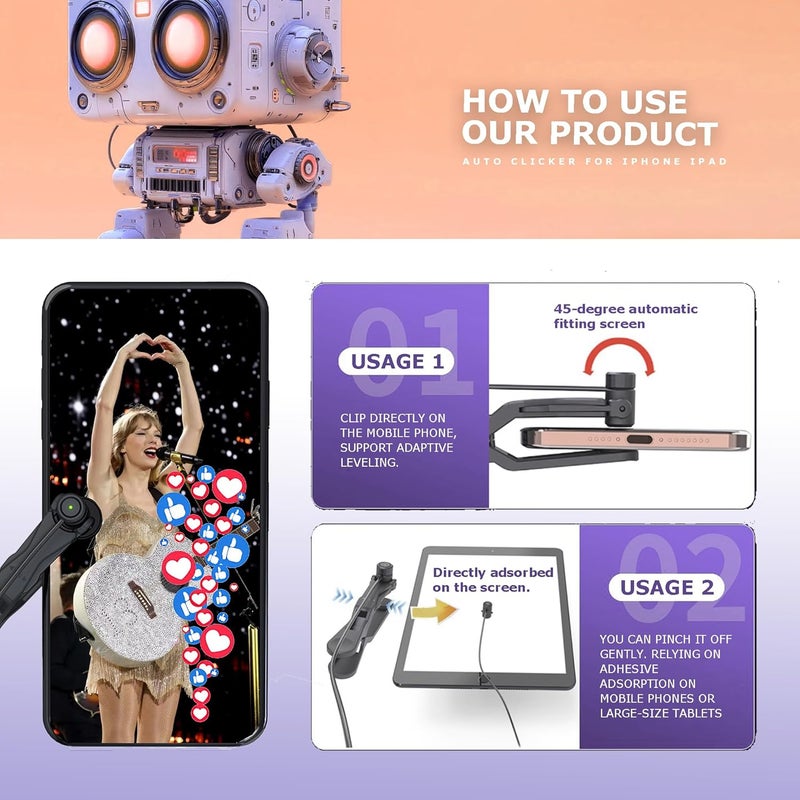 STRONGBERRY Only 1 Clicker Head, Phone Screen Automatic Clicker, Auto Clicker for iPhone iPad,1 Clicker Head Clip, 4 Nano Sticker, for Gaming, Live Broadcasts Likes, Lightning Deal, Reward Tasks - Image 2